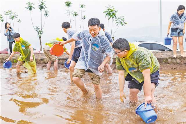 5月1日，大渡口區(qū)跳磴鎮(zhèn)金鰲田園，游客正在進行渾水摸魚比賽。通訊員 劉映呈 攝/視覺重慶